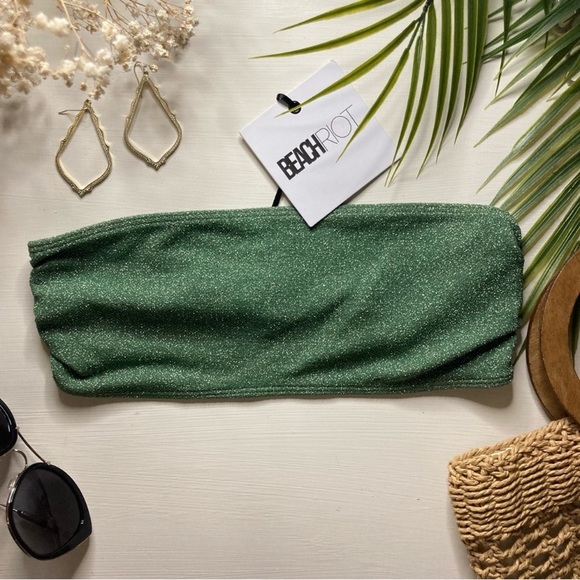 Beach Riot Emerald Kelsey Green Sparkly Glitter Bandeau Swim Bikini Top - Picture 2 of 13